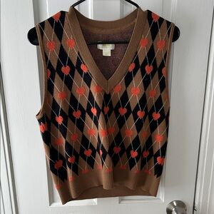 Anthropologie Brown and Orange Argyle V-Neck Sweater Vest